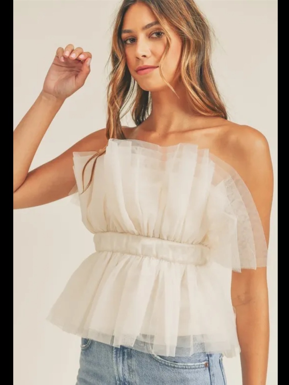 MARBLE Anthropologie Ivory White Strapless Tulle Organza Top NEW Size Small